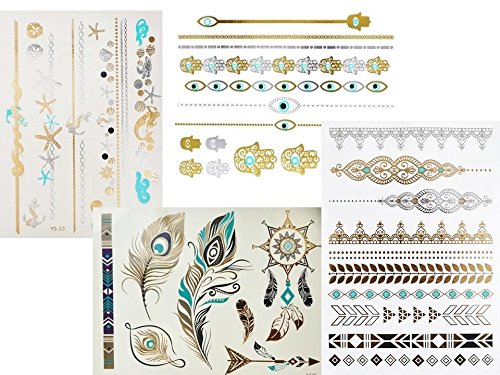 4 + 1 Bögen Metallic Tattoo Set Cali Türkis Flash Tattoo Aufkleber Hübsche Schmuck Tattoos