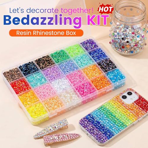 Resin Jelly Rhinestones Kit for Bedazzling - 32,000pcs 3mm DIY Bulk Resin Gems Set with 3 Glues, Pickup Pen & Tweezers for Crafting, Nail Art, Tumblers, Shoes and Clothing Embellishments (24)