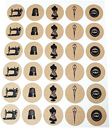 Vintage Sewing Stickers by Once Upon Supplies, Rustic Kraft Brown Sewing Machine, Thimble, Dress Form Circle Seals and Labels, 1.5", 60 Stickers