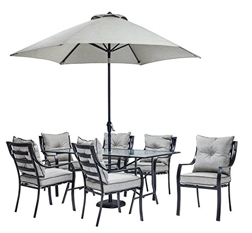 Hanover Lavallette 7 Piece Outdoor Dining Set with Table Umbrella and Base