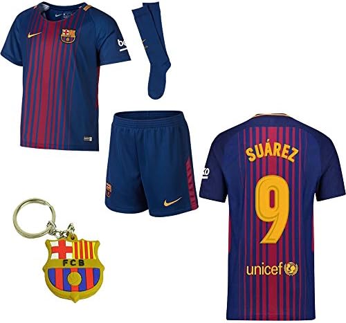 Barcelona 2017 2018 17 18 L. Suarez HomeKid Jersey Kit : Shirt, Short, Socks, + PVC Key 3 to 13 Years Old (Size 24 (7 - 8 Yrs Old))