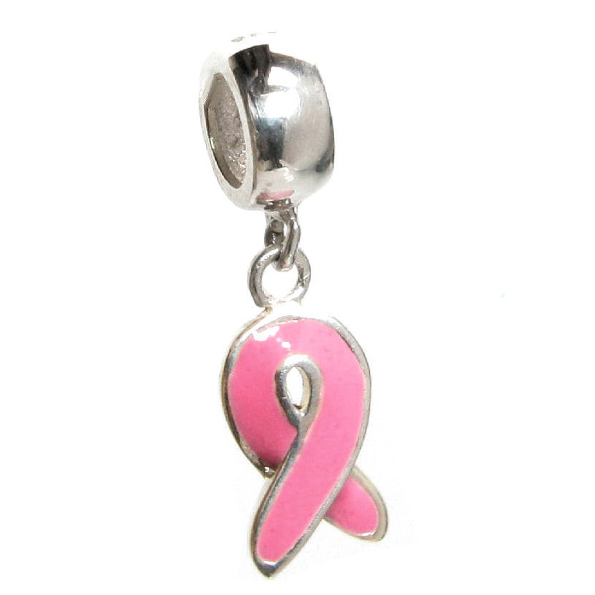 Queenberry Sterling Silver Pink Ribbon Breast Cancer Awareness Enamal European Style Dangle Bead Charm