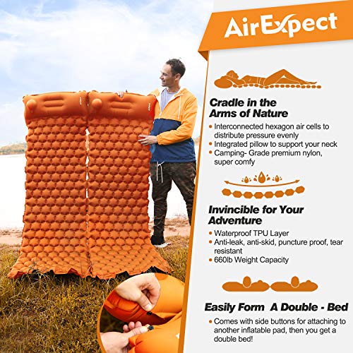 AirExpect Camping Sleeping Pad with Built-in Pump Upgraded Inflatable Camping Mat with Pillow for Backpacking, Traveling, Hiking, Durable Waterproof Air Mattress Compact Ultralight Hiking Pad