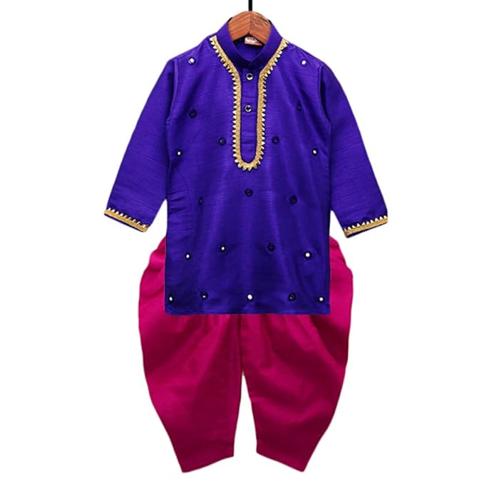 Kid1 By Hopscotch Boys Benarasi Silk Mirror Work Kurta And Dhoti Set In Blue Color