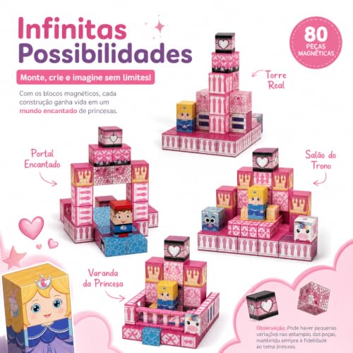 Blocos de Construção Magnéticos Castelos e Princesas, 80 Peças, Fansikids, Mini Cubos Educativos Empilháveis, Brinquedo Criativo para Crianças 3+ Anos, Kit Montagem com Ímãs