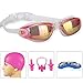 GAOGE Swim Goggles Swimming Goggles + Swim Cap + Case + Nose Clip + Ear Plugs, Triathlon Swim Goggles Mirror Coated Lenses Anti-Fog Shatterproof UV Protection for Adult Men Women Youth Kids Child