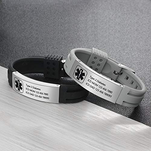 Lam Hub Fong Free Engraving 9 Inches Silicone Adjustable Medical Bracelets Sport Emergency ID Bracelets for Men Women Kids Waterproof Stainless Steel Rubber Alert Bracelets (Black) - Thumbnail 4