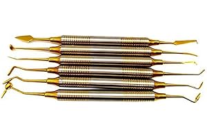 AIMEE_JL 6pcs Dental Instrument Composite Resin Filling Spatula Titanium Plated Head Filler Thick Handle Restoration Set Dental Tool Set (Gold)