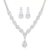 Axylena Crystal Teardrop Jewelry Set, 14K White Gold Plated Necklace and Earrings, 1.5 Carat CZ Diamond Wedding Set, Formal Evening Collection with Matching Drop Earrings