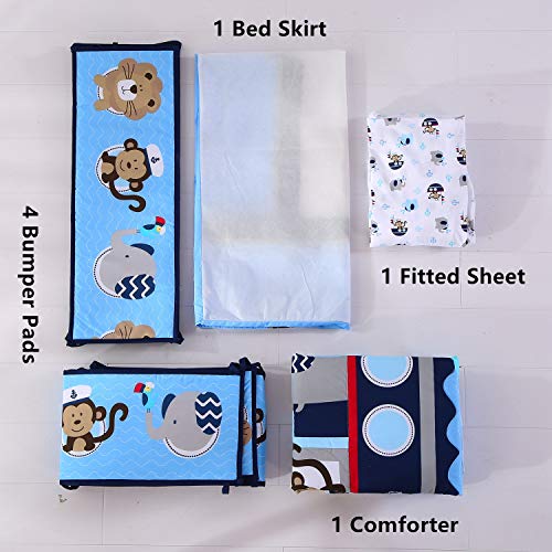 Wowelife Animal Baby Crib Sets Blue 7 Piece Monkey Elephant Lion and Giraffe Crib Bedding Sets Cotton with Bumpers(Sea Journey-7 Piece) - Thumbnail 7
