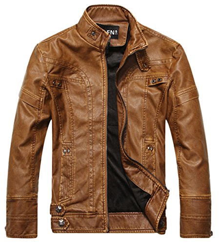 chouyatou Men's Vintage Stand Collar Pu Leather Jacket (XX-Large, DZQM769-Brown)