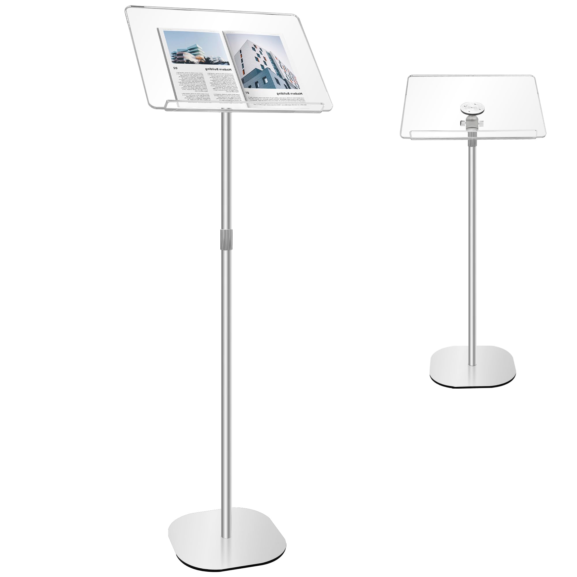 Photo 1 of Podium Stand, Lecterns & Podium Height and Angle Adjustable, Metal Pole and Base, Podium for Church, Weddings, Classroom, Speech, 16'' L x 12'' W x 56.5'' H, Silver