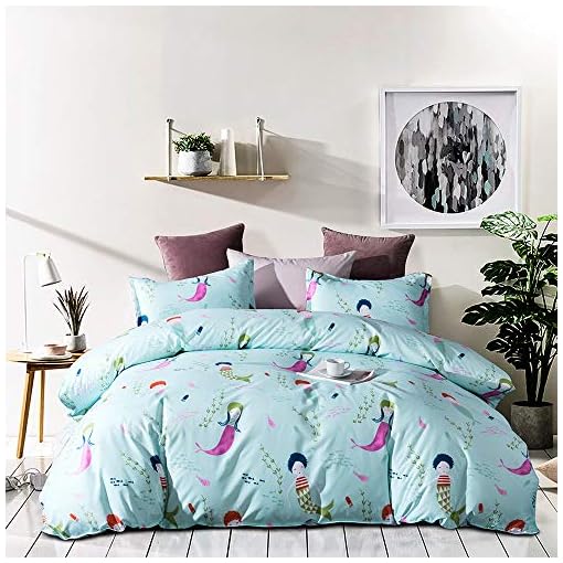 DeerHome Soft Children Duvet Cover Set Twin Blue Wave Small Mermaid