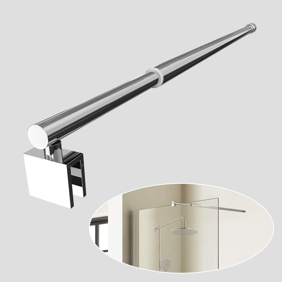 EMKE 700mm to 1200mm Adjustable Telescopic Length Bar Support Bar Stainless Steel Chrome Round Shape for Wet Room Shower Screen Walk in Shower Enclosure, Fits Thickness 8-10mm Glass