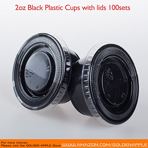 GOLDEN APPLE, 2-Ounce-50sets Plastic Portion Cups with Lids, Jello Shot Souffle Cups Sampling Cup, Black Cups with Clear Lids