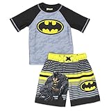 Batman Boys Swim Trunks and Rash Guard Set (3T, Grey/Black)