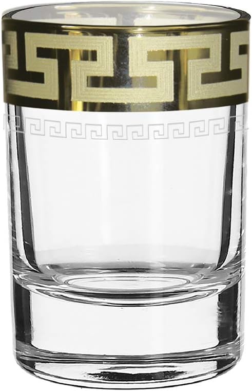 Crystal Goose GX-01-837, 2 Oz Shot Glasses with Greek Key Golden Rim, Vintage Vodka Liquor Glasses, Wedding Drinkware, Gift Box Set of 6