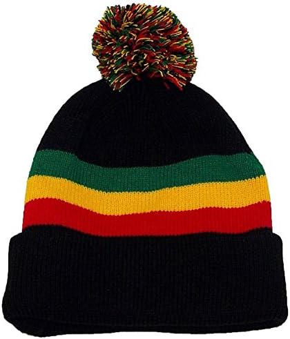 Thick Warm Striped Long Cuffed POM Beanie (Rasta)
