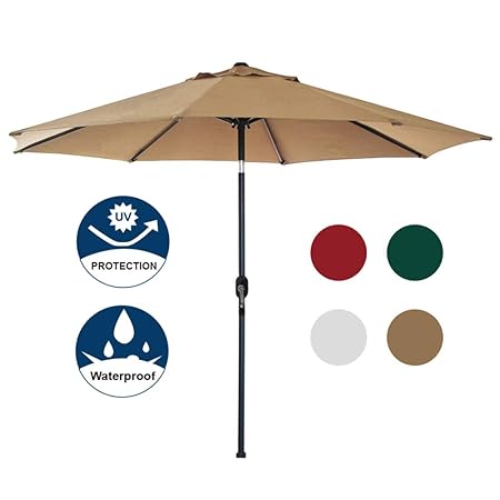 Blissun 9 Patio Umbrella Aluminum Manual Push Button Tilt and Crank Garden Parasol (Tan)