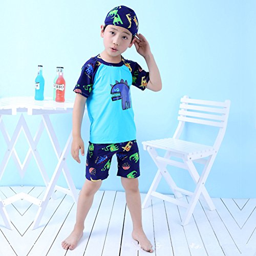 Monvecle Little Boys' 7-Pieces Short Sleeve Rash Guard Swimsuit Set with Swim Cap UPF 50+ Blue 5-6y