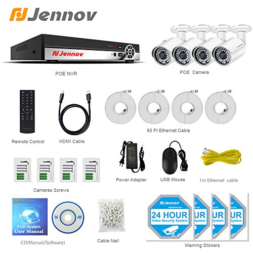 POE Security Camera System, Jennov 4 Channel 1080P PoE Security System CCTV Home Surveillance Outdoor IP Cameras Night Vision Power Over Ethernet, Motion Detection(No Hard Drive)