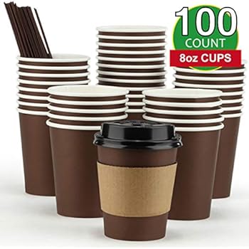 Eupako 8 oz Disposable Paper Coffee Cups with Lids, Sleeves and Straws, to Go Coffee Cup, 100 Count Brown