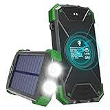 Solar Charger with Qi Wireless Charging, Fojojo 10000mAh Solar Phone Charger with 2.1A Input/Output, Waterproof Outdoor Portable Solar Power Bank with Strong Flashlight and Carabiner Compass