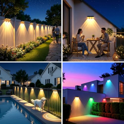 Solar Fence Lights Outdoor 10 Pack, Upgraded Brightness 3X LED Lens Fence Lights Solar Powered, 9 Fixed Colors & RGB Lights, IP65 Waterproof Solar Lights for Outside Backyard/Railing/Step/Patio