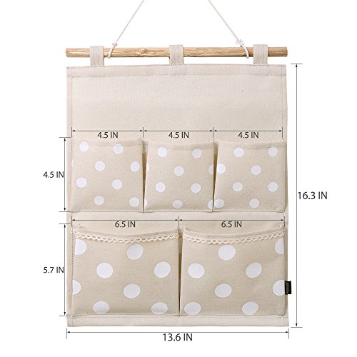 Homecube Linen Cotton Fabric Wall Door Cloth Hanging Storage Bag Case 5 Pocket Home Organizer (White Polka Dots) - Thumbnail 5