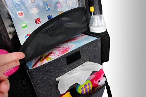 Backseat Car Organizer for Kids Toys & Baby Wipes with X-Large iPad Tablet Holder + BONUS HOOK, Luxury durable fabric, plenty of storage, firm fit, easy to install, kick mat protector for back of seat