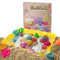 CoolSand Deluxe Kit - Ice Cream Edition - Set Includes: 2 Lb Moldable Play Sand, Double-Sided Shaping Molds, Slicing Tool, & Plastic Sandbox, Natural