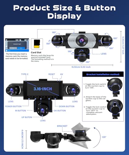 2026 Rimoody 5 Channel Car Dashcam 360°, 5 HD 1080P Cameras Front Rear Left, 3.16 Inch IPS Screen, IR Night Vision, Loop Recording, 24 Hour Parking Surveillance