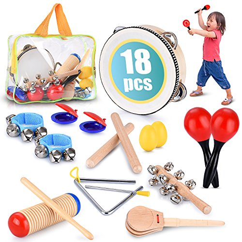 Toddler Educational & Musical Percussion for Kids & Children Instruments Set 18 Pcs â€“ With Tambourine, Maracas, Castanets & More â€“ Promote Fine Motor Skills, Enhance Hand To Eye Coordination,
