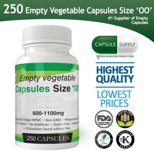 BOTTLE 250 EMPTY VEGETARIAN VEGETABLE SIZE 00 l Halal/Kosher l SLS- Freel Non-GMO Vcaps size 00 (250) Capsule Supply