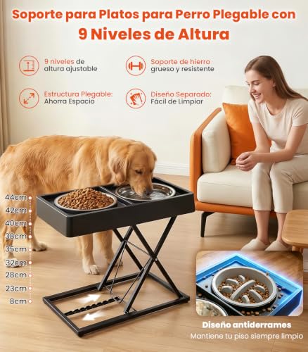 Comedero para Perro Grande de Hierro Macizo Ajustable 9 Alturas(8-44cm), Plato para Perro Plegable y Desmontable, Comedero Elevado para Perro con Platos de Acero y Plato Lento,Plato Elevado para Perro