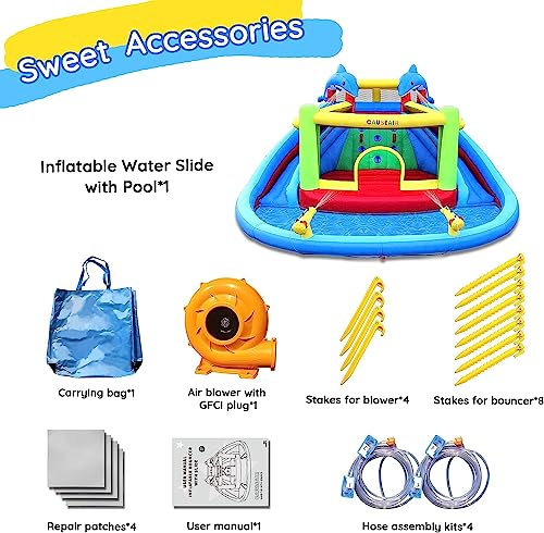 Causeair Inflatable Water Slide with Bounce House,Dolphin Styling,Splashing Pool,Double Water Cannon,Climbing Wall,Heavy Duty GFCI Blower,Inflatable Water Park Slide for Kids Backyard Summer