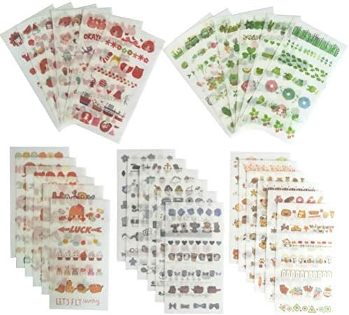 Kawaii Sticker Set (30 Sheets) Washi Paper Stationery Stickers Fruit Food Cute Girl Animal Ship Green Plant Planet Fish DIY Adhesive Label for Scrapbooking Album Planner Travel Journal Gift Decor
