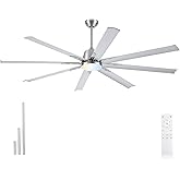 72 lnch lndustrial Celing Fan with Light and Remote Control,Large Celing Fan with 8 Brushed Nickel Aluminum Blades,6 Speed Noiseless DC Motor,Wet Rated Indoor Outdoor Ceiling Fans for Patio,Garage