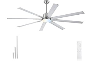 MINISLAK 72 lnch lndustrial Celing Fan with Light and Remote Control,Large Celing Fan with 8 Brushed Nickel Aluminum Blades,6 Speed Noiseless DC Motor,Wet Rated Indoor Outdoor Ceiling Fans for Patio,Garage