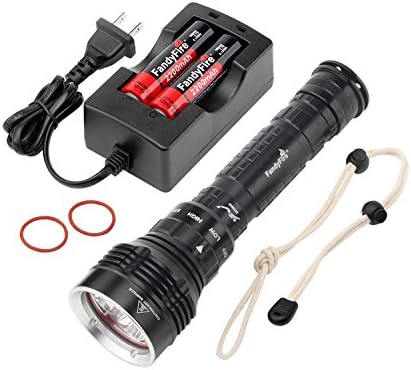 FandyFire DV708 Max 6000 Lumens Brightest LED Diving Lights 5pcs CREE XM-L2 Dive light, Underwater 100m (with 2 18650 Rechargeable Batteries and Charger)- Black