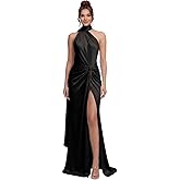 Weinaze Women's Mermaid Satin Prom Dresses with Slit Long Scarf Halter Formal Gowns 2026 Pleated Evening Dress