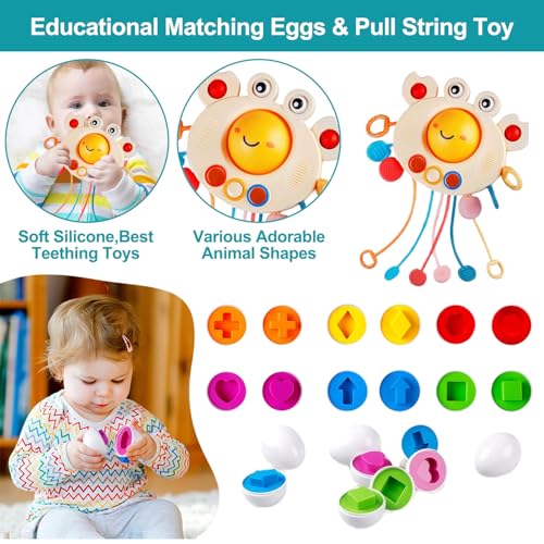6-in-1 Baby Toys,28 PCS Montessori Toys for Babies,Stacking Blocks Rings Sensory Bin,Silicone Pull String Teething Toy Sorting Sensory Educational Learning Gift for Toddlers