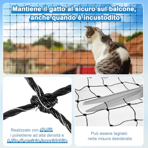 Aystkniet Cat Net | Extra Reinforced with Wire | 3 x 2 m Net for Fencing Including Fixing Rope | Cat Net Balcony | Cat Net | Cat Protection Net Balcony