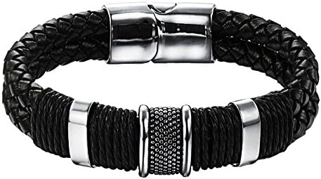 FORZIANI ORIGINAL MARK WAHLBERG - Premium Black Nappa Double Woven Leather Bracelet for Men, Stainless Steel Magnetic Clasp and Accents, Gift Box and Leather Pouch Included, Perfect Gift for Men