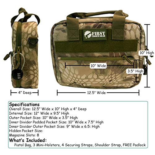 Pistol Case Range Bag for Handguns by FirstChoice Gear; 2-4 Gun Padded Tactical Handgun Soft Case, Lockable Zippers w/Padlock, 3 Mini-Holsters, 8 Mag Slots, 4 Pockets, Range Mat (Green Kryptek Camo)