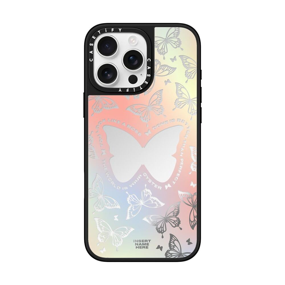 CASETiFY Mirror iPhone 16 Pro Max Case [Reflective / 4.9 ft. 1X Military Grade Drop Protection/Compatible with Magsafe] - You Give Me Butterflies - Silver on Black