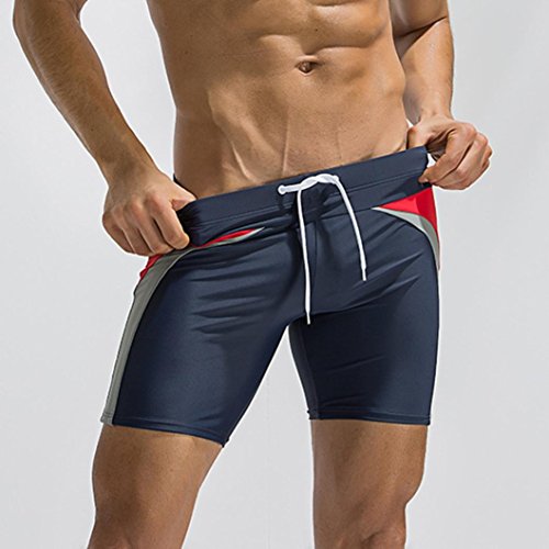Elogoog Mens Swim Trunks Beach Shorts Active Sporty Square Leg Swimsuit Surfing Swimming Boxer Brief Swimwear (L, Blue)