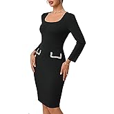 BARASA Women's Long Sleeve Pencil Dress Spring Pocket Trim Business Formal Bodycon Square Neck Midi Dresses D538