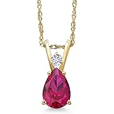 Gem Stone King 14K Yellow Gold Red Created Ruby and White Moissanite Pendant Necklace for Women | 1.02 Cttw | Gemstone July Birthstone | Pear Shape 7X5MM | With 18 Inch Chain