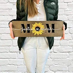 Personalized Sunflower Wall Sign for Mom and Child's Names, Sunflower Home Decor Glass Plaque, Glass Tile, Gift for Mom Wooden Plaque Wall Art Hanging Sign 6